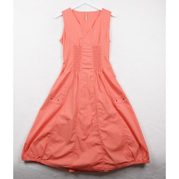 XCVI Smocked Bubble Hem Midi Dress Cotton Poplin Coral Beachy Lagenlook Sz S - Picture 1 of 7